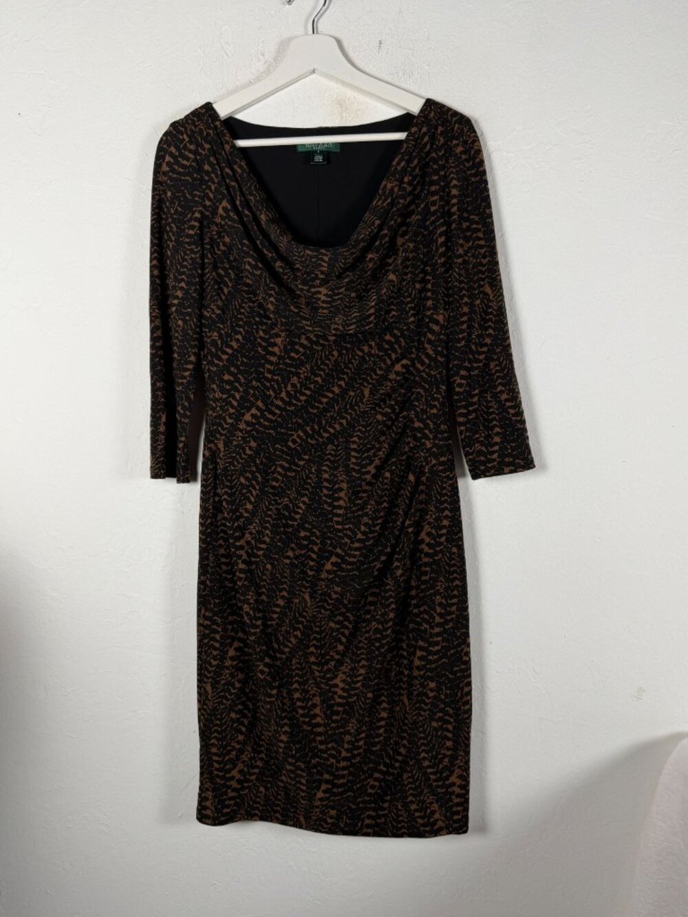 Lauren Ralph Lauren Women's 8 Brown Black Cowl Neck Sheath Dress 3/4 Sleeve Midi